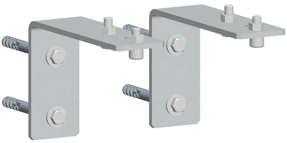 Wandkonsole aus Metall mit zwei vertikalen Platten, jeweils mit Schrauben detailliert, geeignet für Verteiler, hergestellt von Remeha.